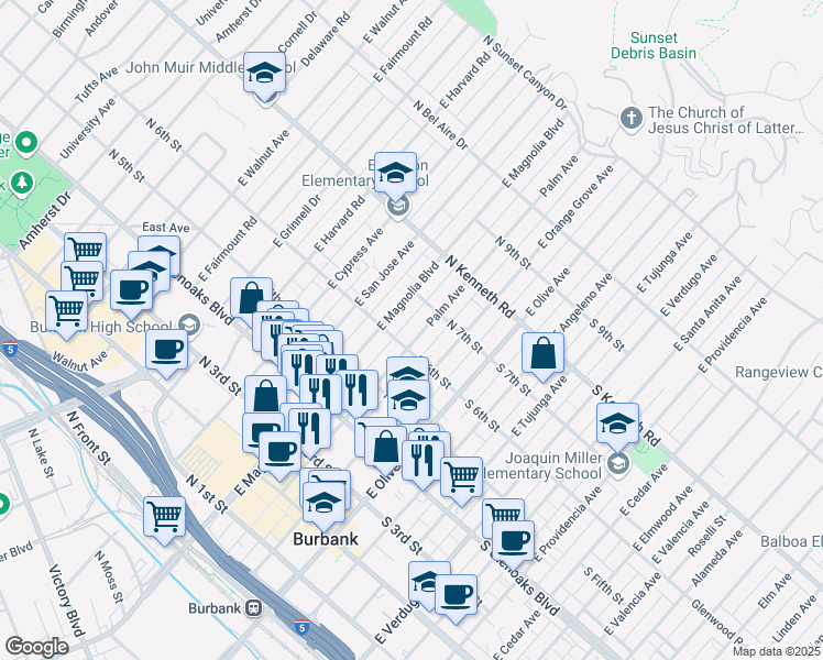 map of restaurants, bars, coffee shops, grocery stores, and more near 609 East Palm Avenue in Burbank