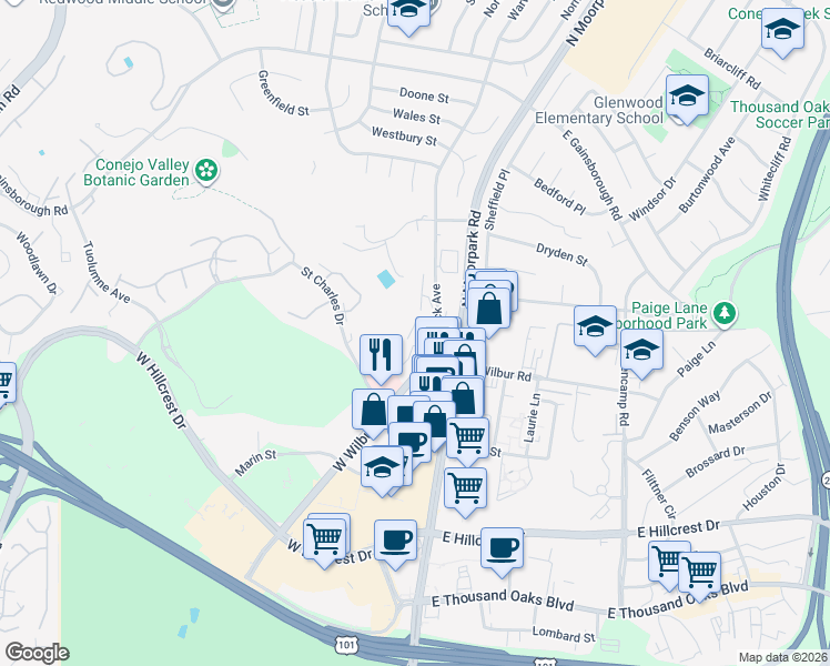 map of restaurants, bars, coffee shops, grocery stores, and more near 777 Warwick Avenue in Thousand Oaks