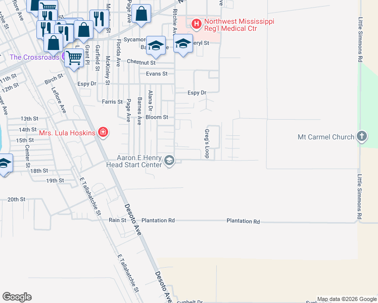 map of restaurants, bars, coffee shops, grocery stores, and more near 1160 Ritchie Avenue in Clarksdale