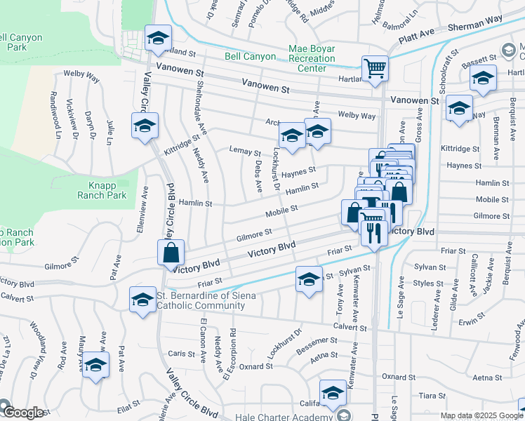map of restaurants, bars, coffee shops, grocery stores, and more near 24033 Mobile Street in Los Angeles