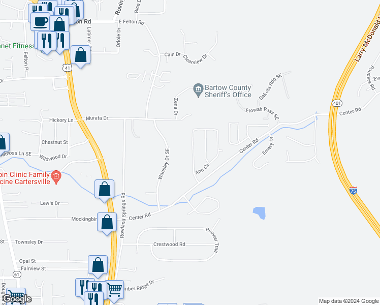 map of restaurants, bars, coffee shops, grocery stores, and more near 20 Ann Circle in Cartersville