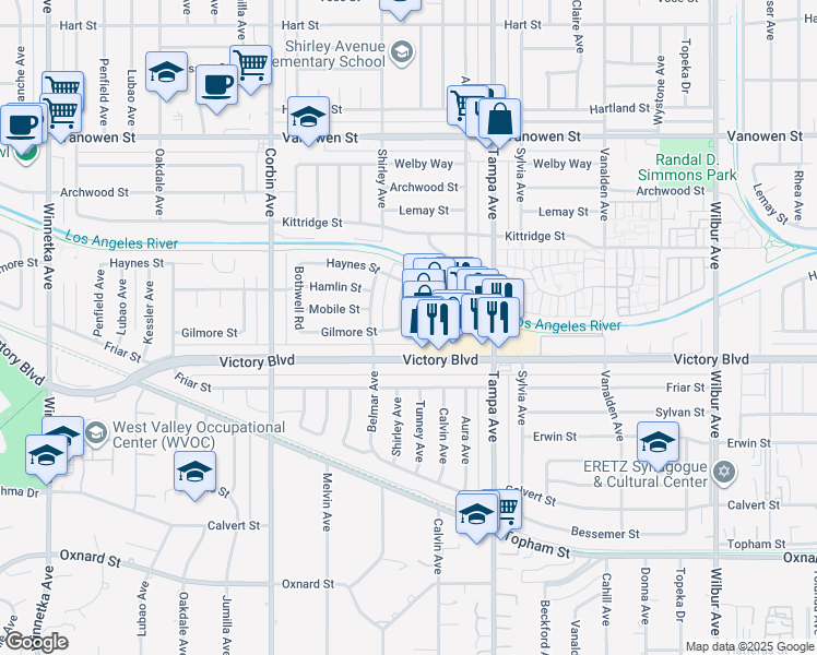 map of restaurants, bars, coffee shops, grocery stores, and more near 6452 Shirley Avenue in Los Angeles