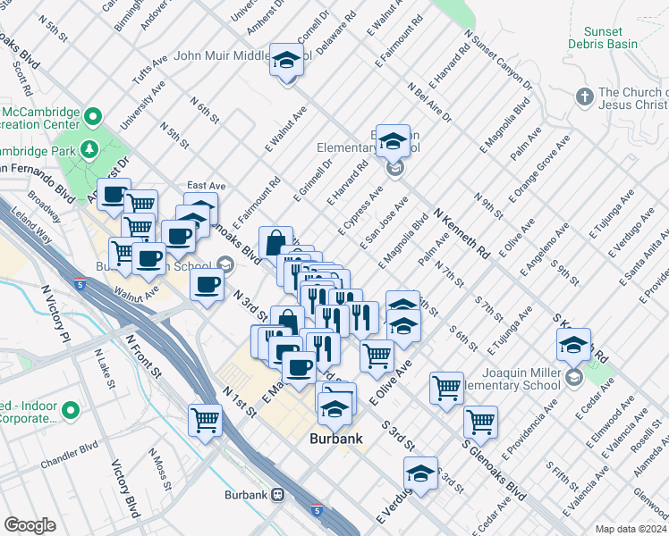 map of restaurants, bars, coffee shops, grocery stores, and more near 509 East San Jose Avenue in Burbank