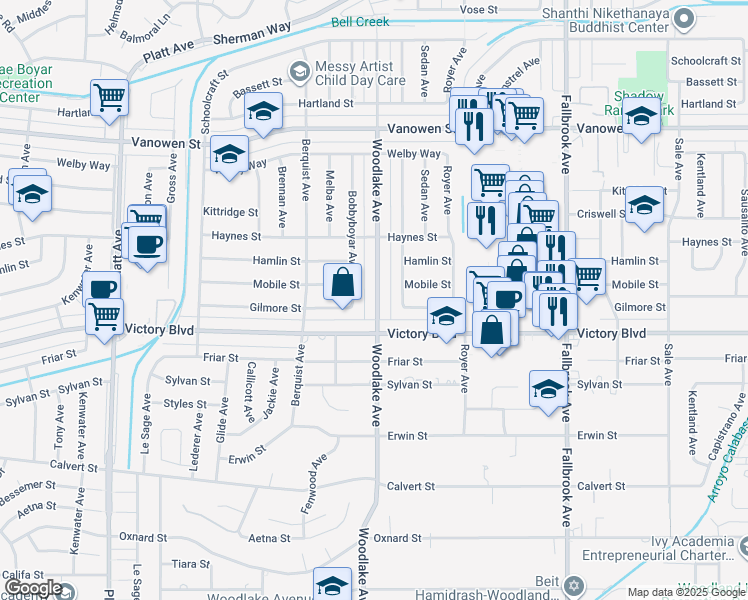 map of restaurants, bars, coffee shops, grocery stores, and more near 6455 Woodlake Avenue in Los Angeles