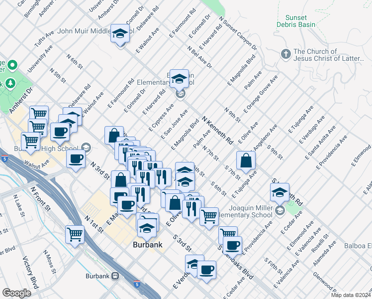 map of restaurants, bars, coffee shops, grocery stores, and more near 609 Palm Avenue in Burbank