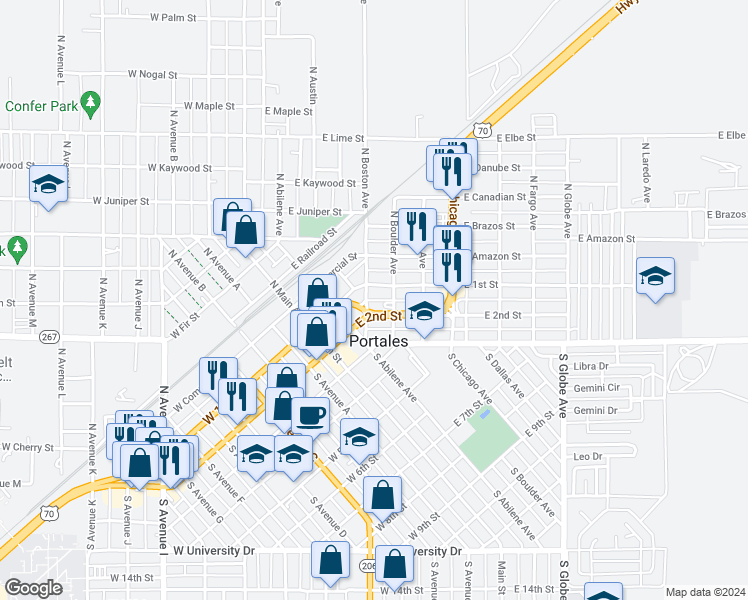 map of restaurants, bars, coffee shops, grocery stores, and more near 119 South Boulder Avenue in Portales