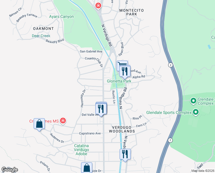 map of restaurants, bars, coffee shops, grocery stores, and more near 1710 Santa Paula Place in Glendale
