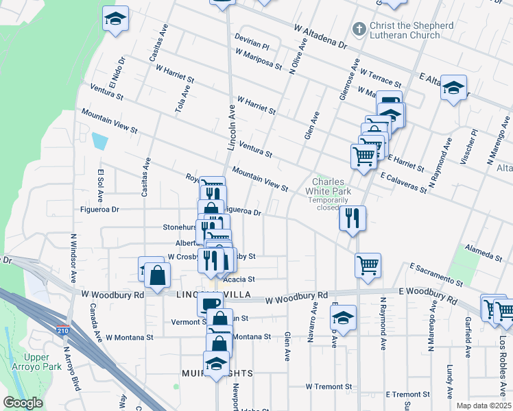 map of restaurants, bars, coffee shops, grocery stores, and more near 345 Figueroa Drive in Altadena