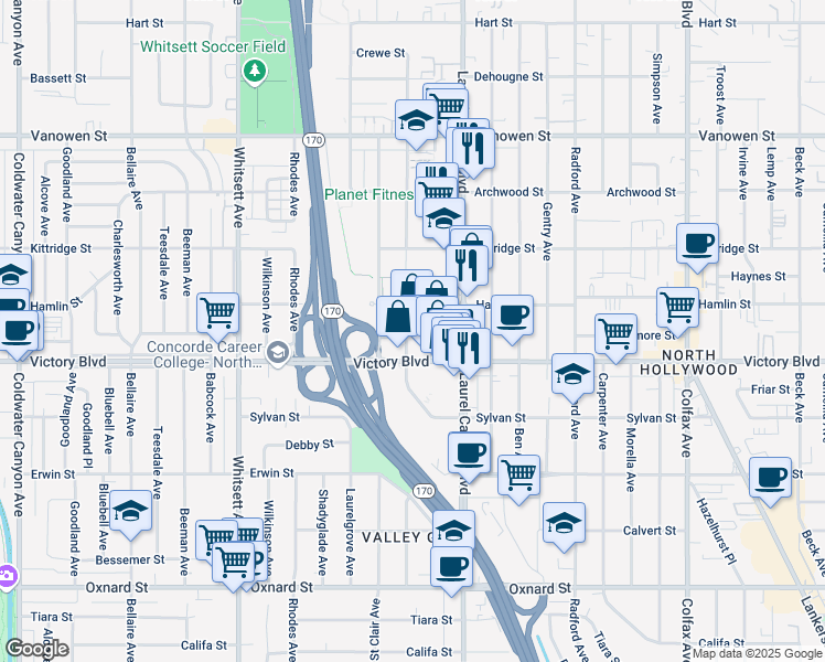 map of restaurants, bars, coffee shops, grocery stores, and more near 12121 Victory Boulevard in Los Angeles