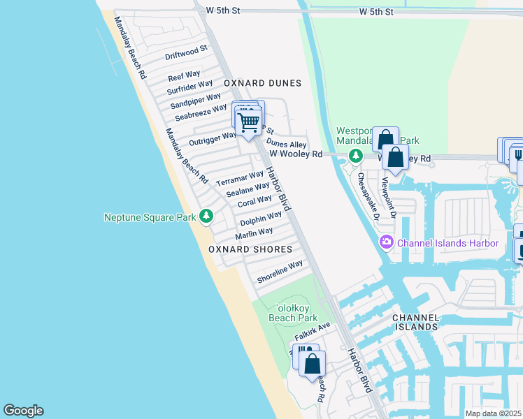 map of restaurants, bars, coffee shops, grocery stores, and more near Nautilus Street in Oxnard