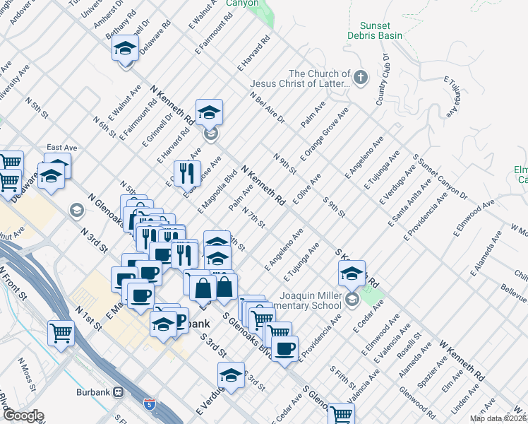 map of restaurants, bars, coffee shops, grocery stores, and more near 714 East Orange Grove Avenue in Burbank