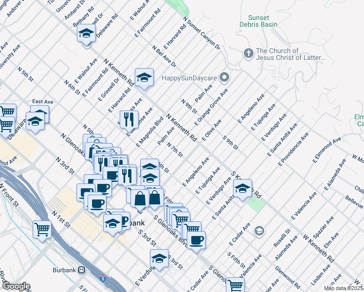 map of restaurants, bars, coffee shops, grocery stores, and more near 714 East Orange Grove Avenue in Burbank