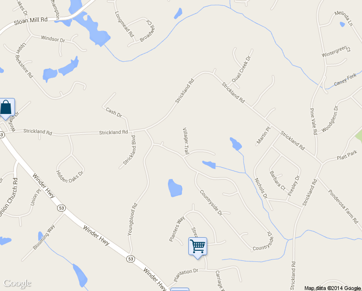 map of restaurants, bars, coffee shops, grocery stores, and more near 4605 Villager Trail in Flowery Branch