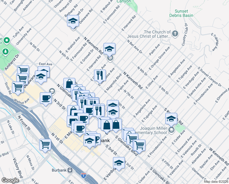 map of restaurants, bars, coffee shops, grocery stores, and more near 609 East Palm Avenue in Burbank