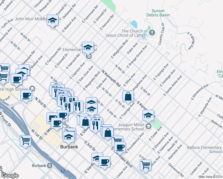 map of restaurants, bars, coffee shops, grocery stores, and more near 714 East Orange Grove Avenue in Burbank