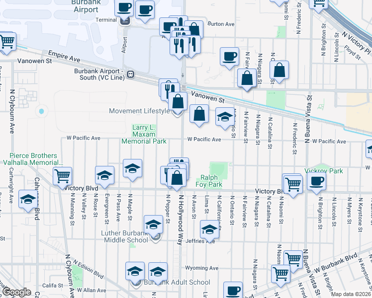 map of restaurants, bars, coffee shops, grocery stores, and more near 5736 Denny Avenue in Los Angeles