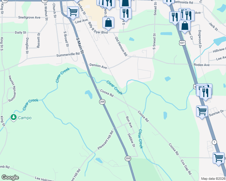 map of restaurants, bars, coffee shops, grocery stores, and more near 123 Coosa Road in Boaz