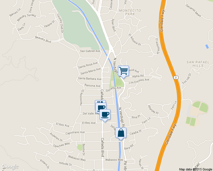 map of restaurants, bars, coffee shops, grocery stores, and more near 1710 Santa Paula Place in Glendale