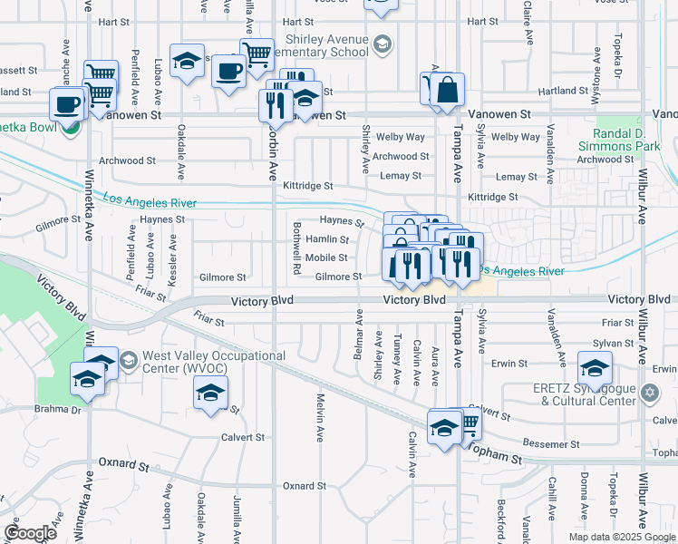 map of restaurants, bars, coffee shops, grocery stores, and more near 19531 Gilmore Street in Los Angeles