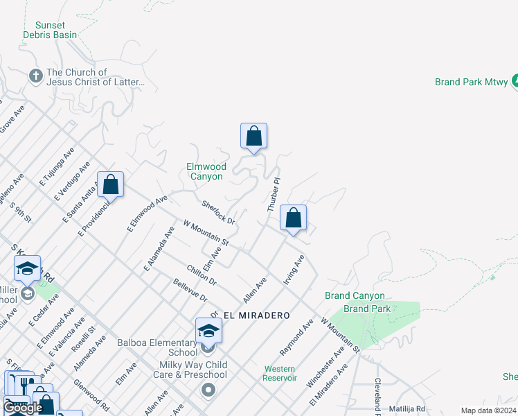 map of restaurants, bars, coffee shops, grocery stores, and more near 1716 Vía La Paz in Burbank