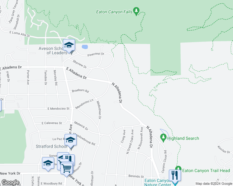 map of restaurants, bars, coffee shops, grocery stores, and more near 2555 North Altadena Drive in Altadena