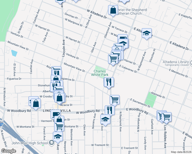 map of restaurants, bars, coffee shops, grocery stores, and more near 116 Mountain View Street in Altadena