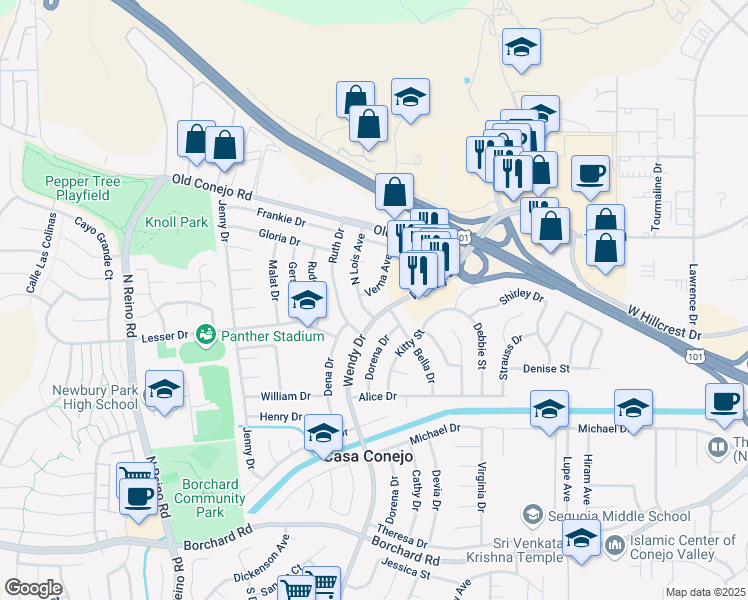 map of restaurants, bars, coffee shops, grocery stores, and more near 645 Verna Avenue in Ventura County