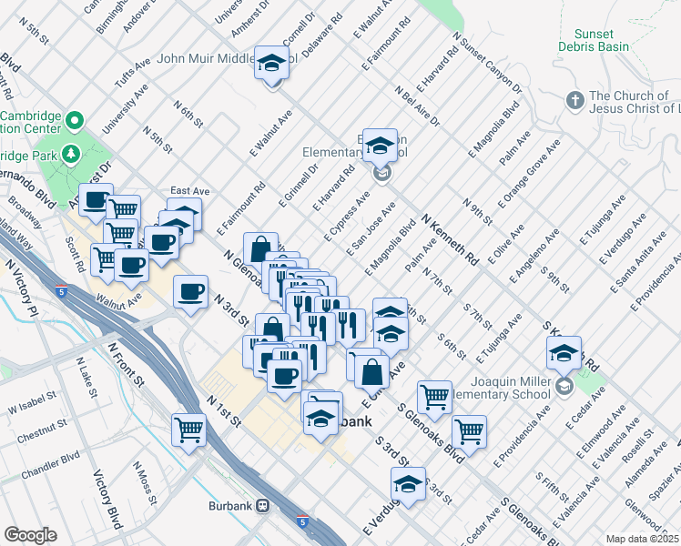 map of restaurants, bars, coffee shops, grocery stores, and more near 538 East San Jose Avenue in Burbank