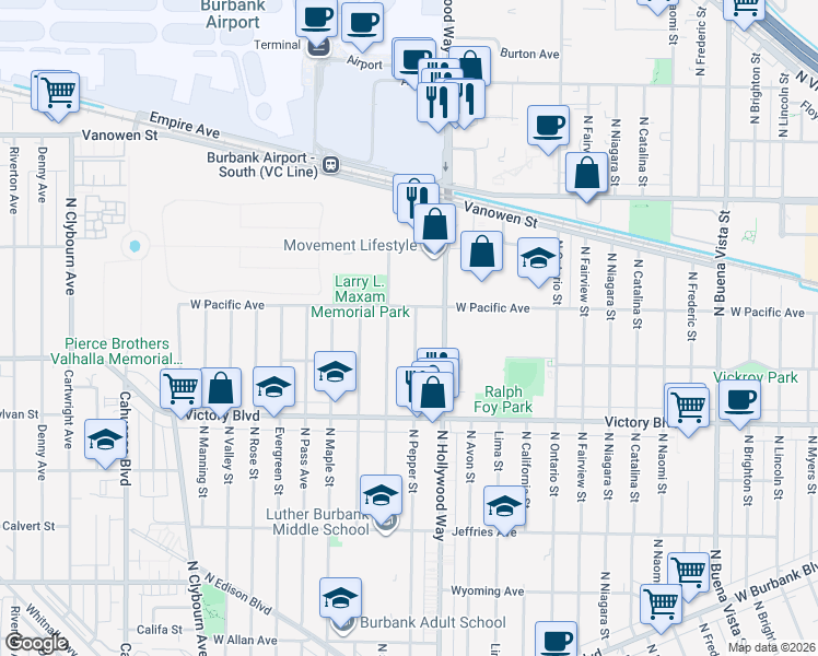 map of restaurants, bars, coffee shops, grocery stores, and more near 2129 North Pepper Street in Burbank