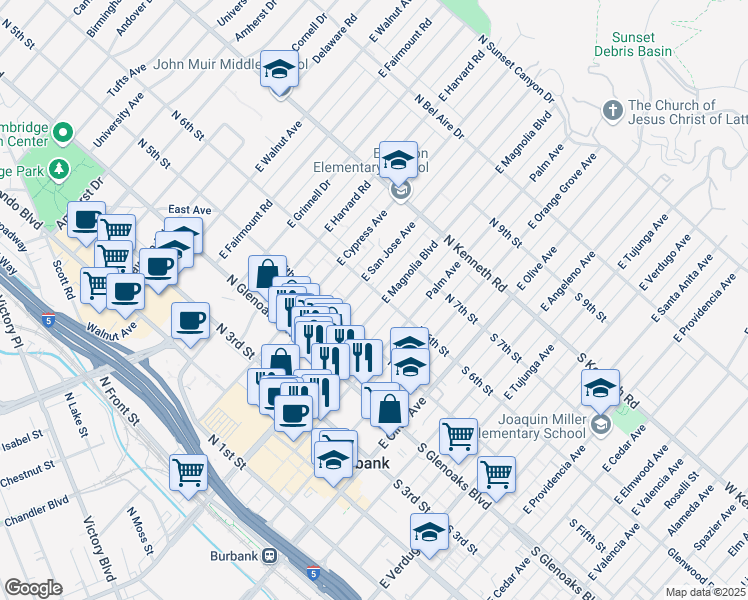 map of restaurants, bars, coffee shops, grocery stores, and more near 554 East San Jose Avenue in Burbank