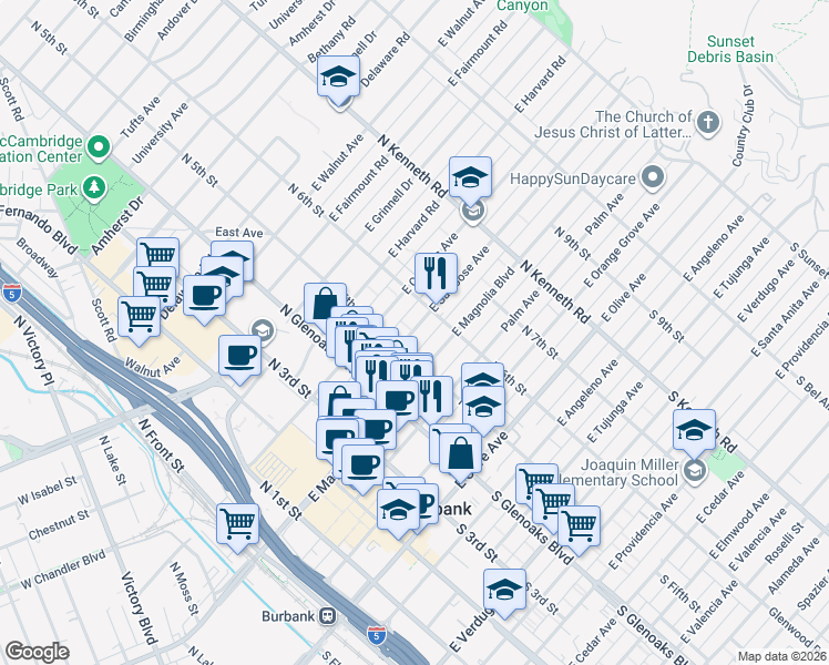 map of restaurants, bars, coffee shops, grocery stores, and more near 554 East San Jose Avenue in Burbank