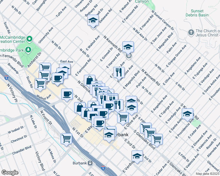 map of restaurants, bars, coffee shops, grocery stores, and more near 510 East Cypress Avenue in Burbank