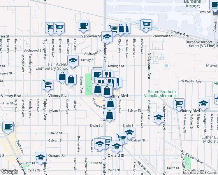 map of restaurants, bars, coffee shops, grocery stores, and more near 6442 Vineland Avenue in Los Angeles