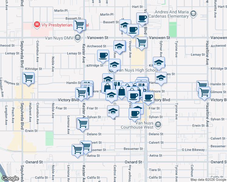 map of restaurants, bars, coffee shops, grocery stores, and more near 14711 Gilmore Street in Los Angeles