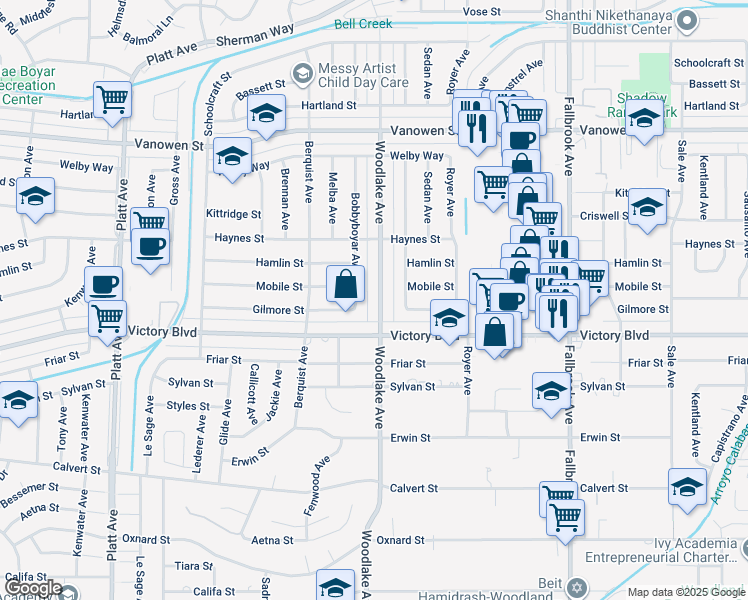 map of restaurants, bars, coffee shops, grocery stores, and more near 6455 Woodlake Avenue in Los Angeles