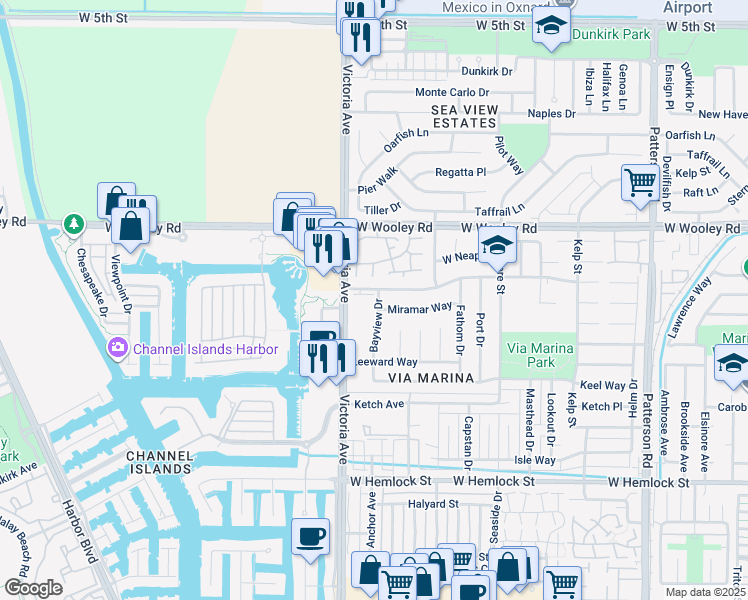 map of restaurants, bars, coffee shops, grocery stores, and more near 3711 Via Marina Avenue in Oxnard