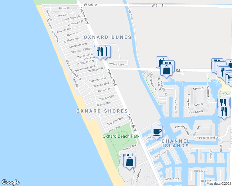 map of restaurants, bars, coffee shops, grocery stores, and more near 4921 Nautilus Street in Oxnard