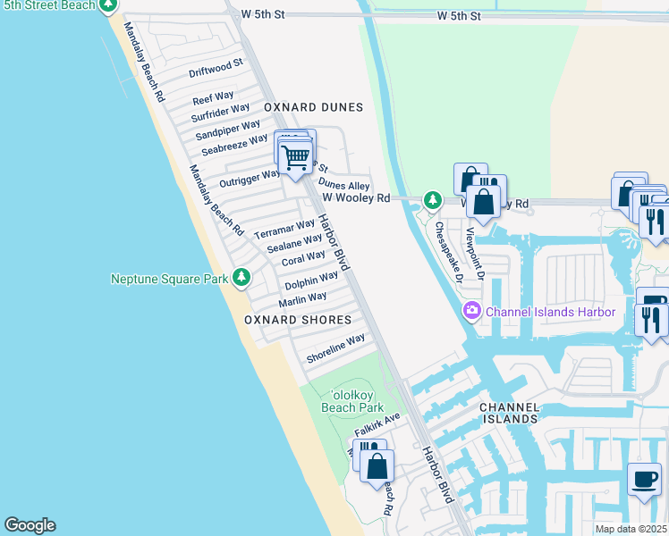 map of restaurants, bars, coffee shops, grocery stores, and more near 4921 Nautilus Street in Oxnard