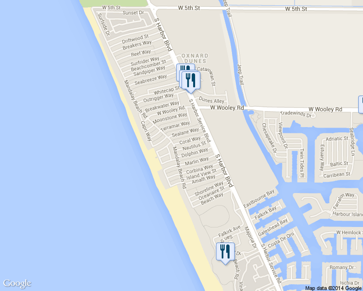 map of restaurants, bars, coffee shops, grocery stores, and more near 5029 Coral Way in Oxnard