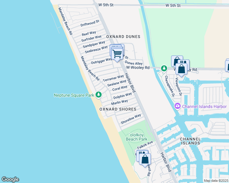 map of restaurants, bars, coffee shops, grocery stores, and more near 5029 Coral Way in Oxnard