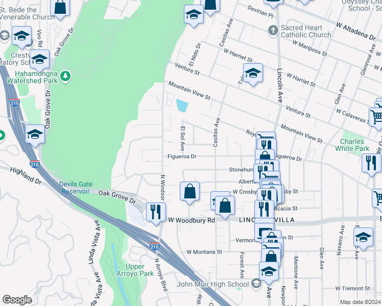 map of restaurants, bars, coffee shops, grocery stores, and more near 777 Figueroa Drive in Altadena