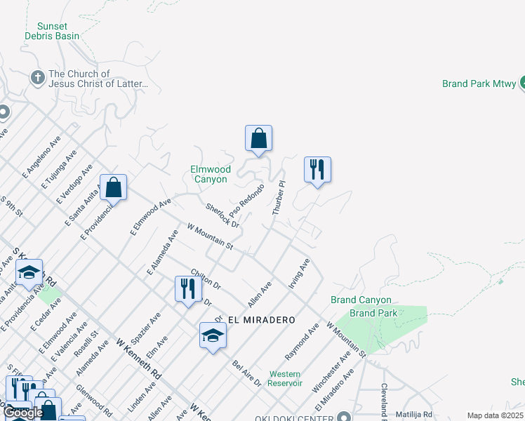 map of restaurants, bars, coffee shops, grocery stores, and more near 1716 Vía La Paz in Burbank