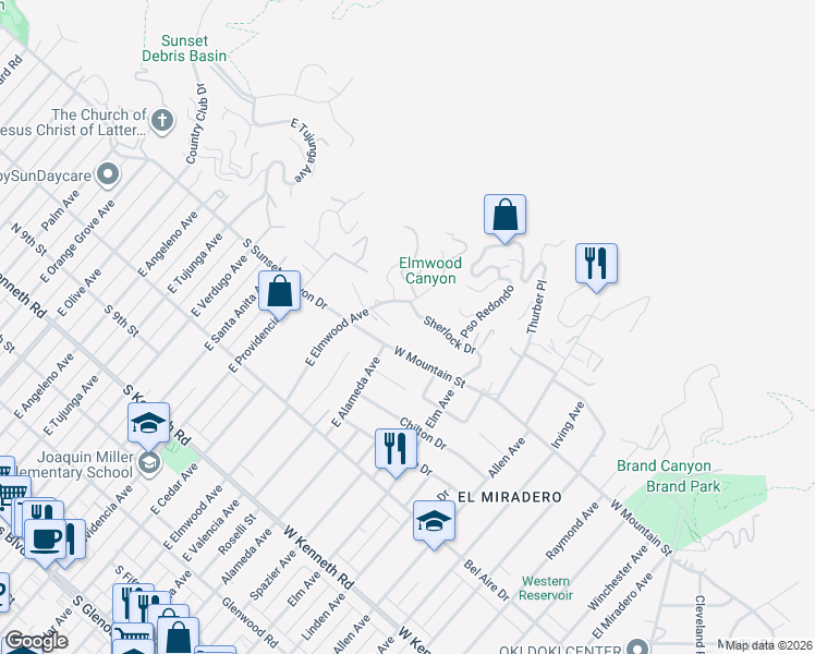 map of restaurants, bars, coffee shops, grocery stores, and more near 913 Sherlock Drive in Burbank