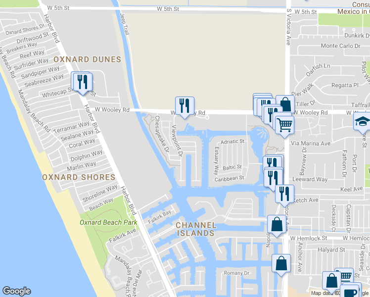 map of restaurants, bars, coffee shops, grocery stores, and more near 4337 Admiral Way in Oxnard