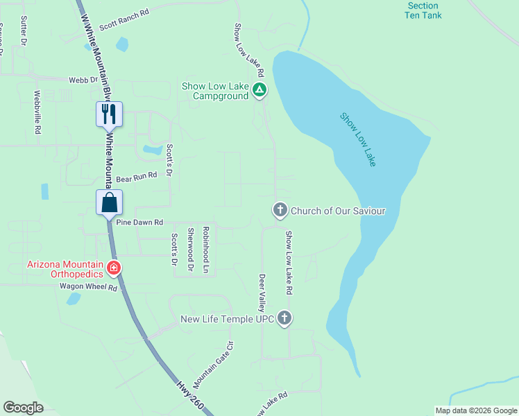 map of restaurants, bars, coffee shops, grocery stores, and more near 5254 Show Low Lake Road in Pinetop-Lakeside