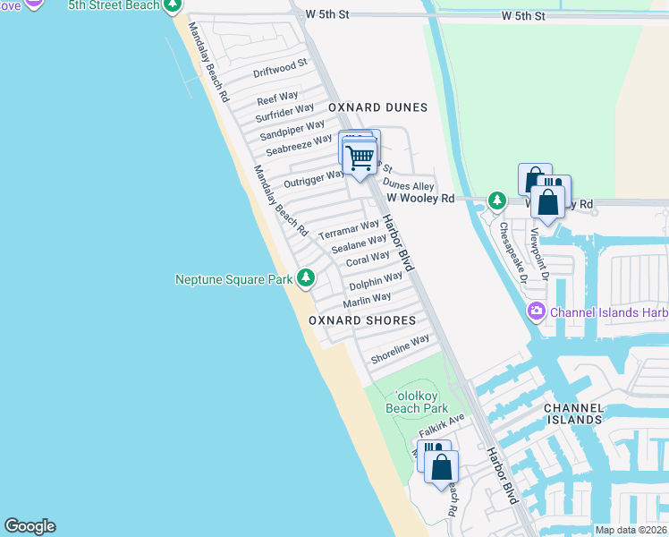 map of restaurants, bars, coffee shops, grocery stores, and more near 5209 Neptune Square in Oxnard