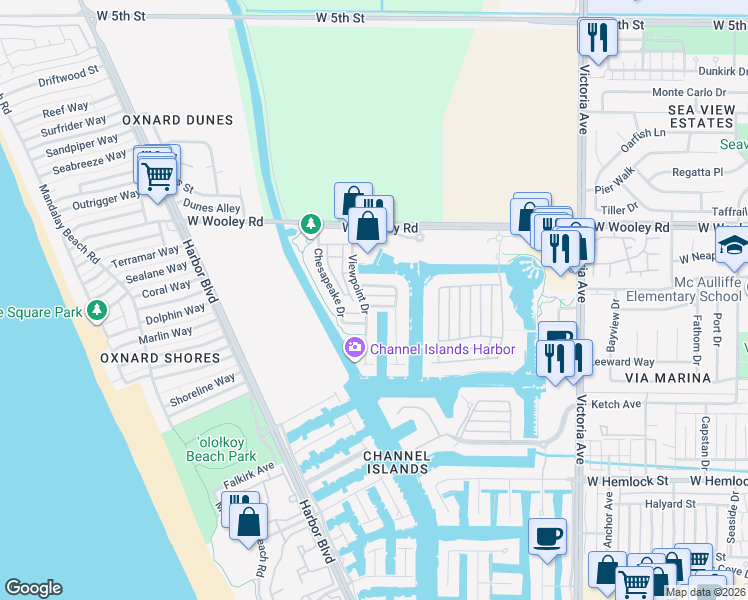map of restaurants, bars, coffee shops, grocery stores, and more near 4337 Admiral Way in Oxnard