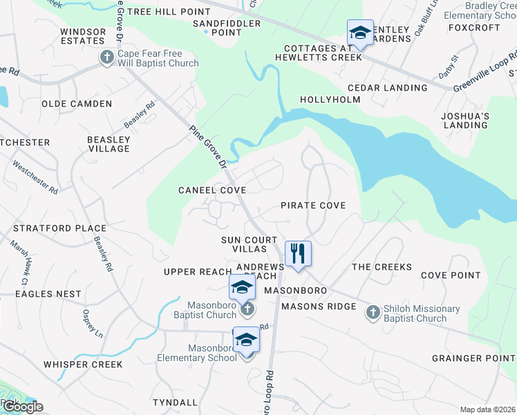 map of restaurants, bars, coffee shops, grocery stores, and more near 6598 Teaticket Way in Wilmington