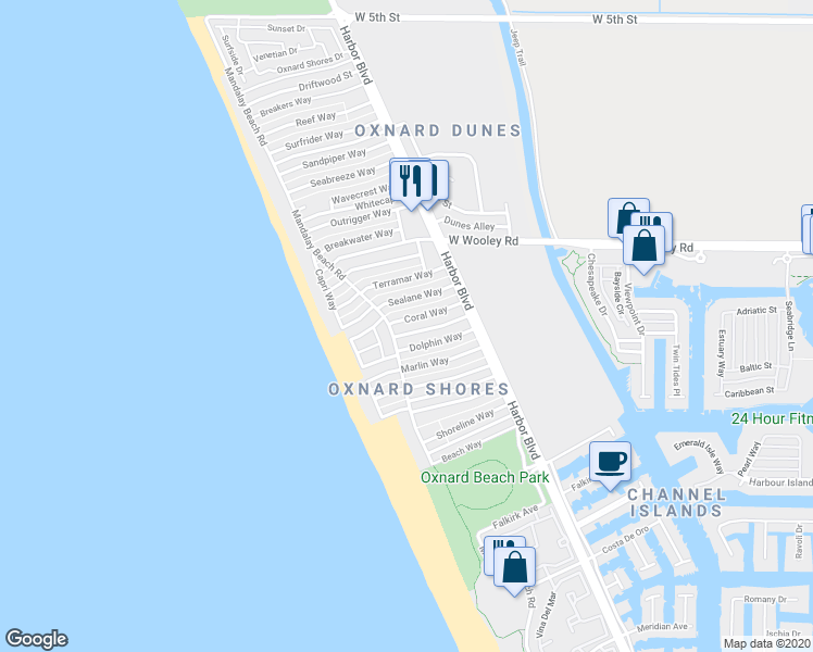 map of restaurants, bars, coffee shops, grocery stores, and more near 5045 Nautilus Street in Oxnard