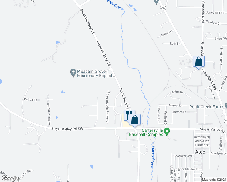 map of restaurants, bars, coffee shops, grocery stores, and more near 11 Chimney Springs Drive Southwest in Cartersville